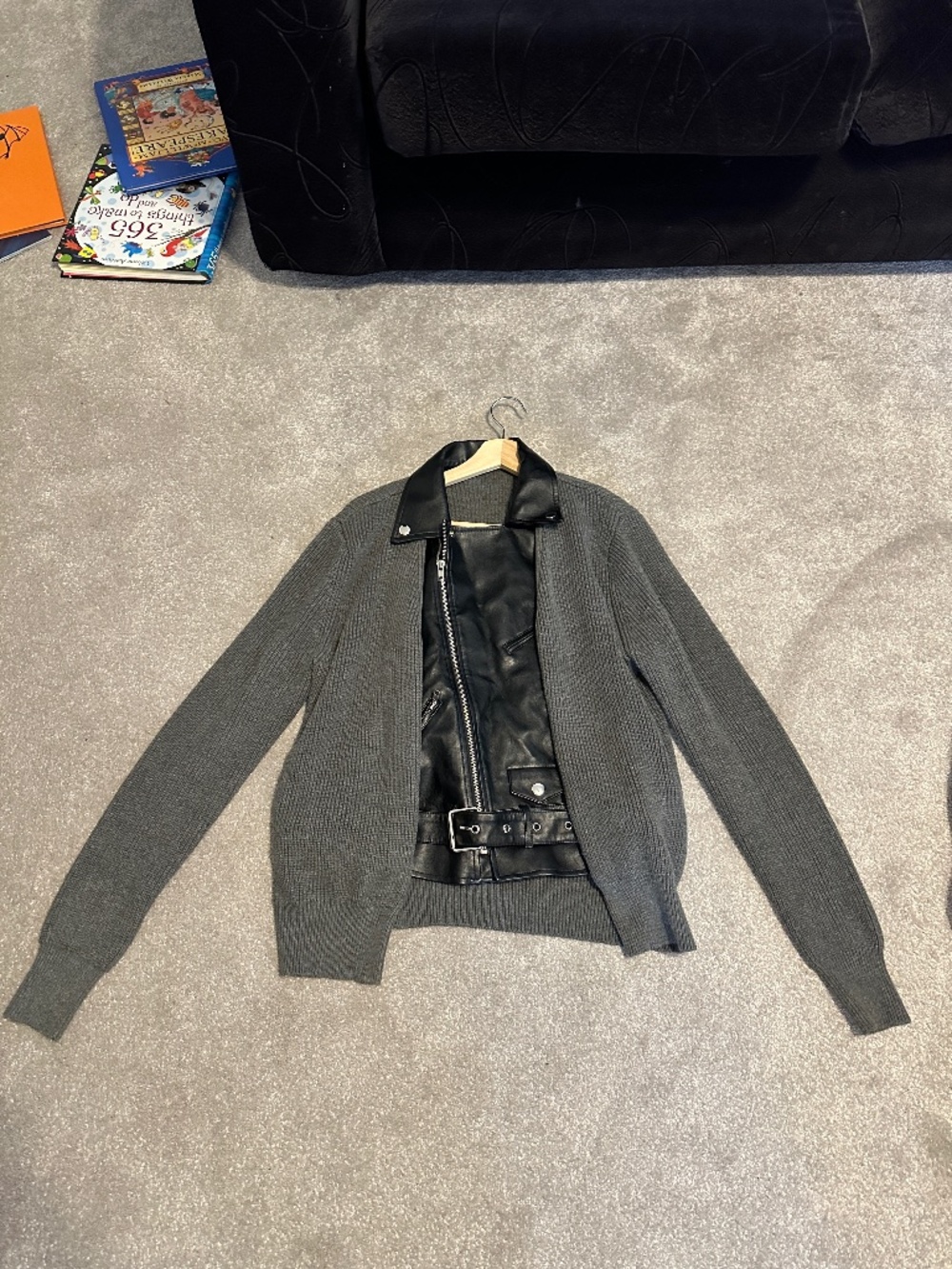 Grey Knit Cardigan Sweater With Built-in Faux Leather Vest (Size Medium)